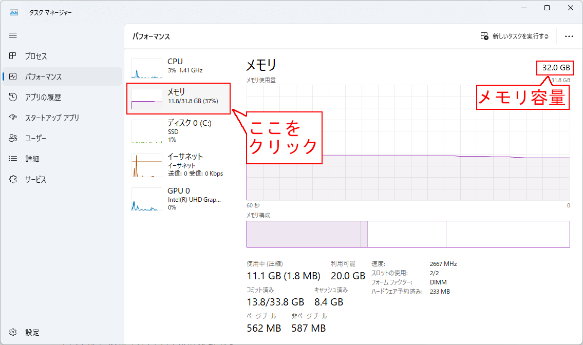 タスクマネージャーを開いてメモリ容量の確認をしている。