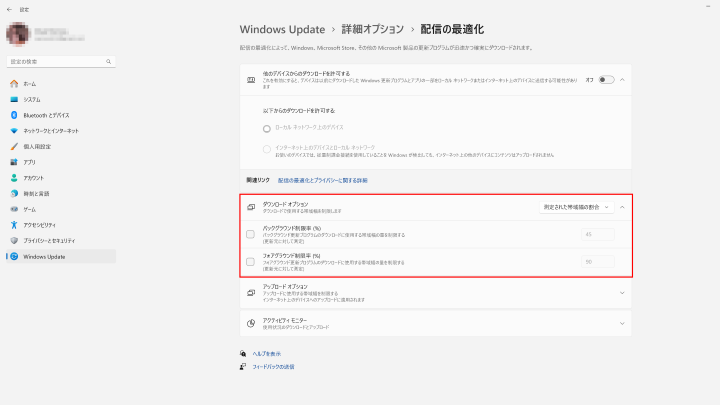配信の最適化、ダウンロードオプション